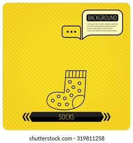 Sock icon. Baby underwear sign. Clothes symbol. Chat speech bubbles. Orange line background. Vector.
