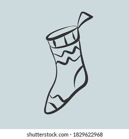 Symbol warmer Socken. Handgezeichnete Skizze. Flacher Cartoon-Stil einzeln auf grauem Hintergrund. Cute Umriss-Illustration für Weihnachten, Neujahrskarten, Dekorationsprojekte.  Vektorgrafik