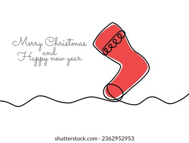El icono del calcetín se dibuja a mano en líneas continuas. Antecedentes del concepto de Navidad con deseos de Año Nuevo escritos a mano. ilustración vectorial lineal abstracta