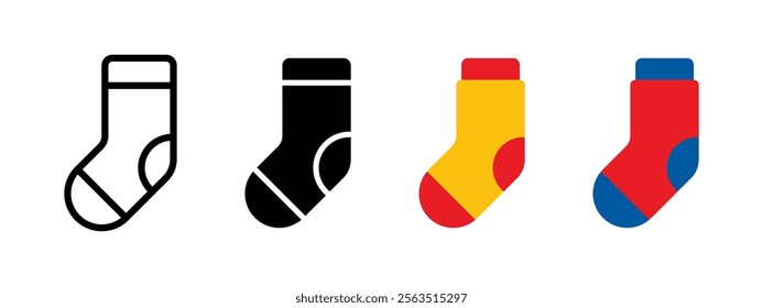 Sock icon. Pair of socks vector illustration. Stocking symbol. Warm and cute hosiery. Wool garment sign. Textile footwear clothing. Cute and colorful stripped sock pictogram. Christmas stocking set.