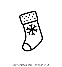 Icono del calcetín con el patrón del copo de nieve, Vector minimalista del calcetín de las Navidades dibujadas a mano, Icono del calcetín para la decoración o el ornamento, Ilustración del calcetín del estilo del arte de línea