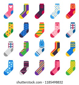 Sock icon. Sport long socks, kids feet clothes and striped warm hosiery, mens dirty stinky football calf clothing, men leg fabric cotton isolated vector sign flat set