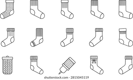 Sock icons, knitting tools vector set, patterned footwear artwork, cozy textile illustration, yarn design collection