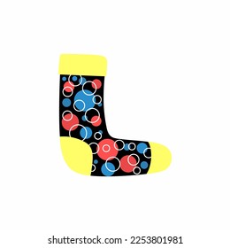 Sock isolated on white background. Abstract pattern. Circles on black background. Doodle. Funny ornament.