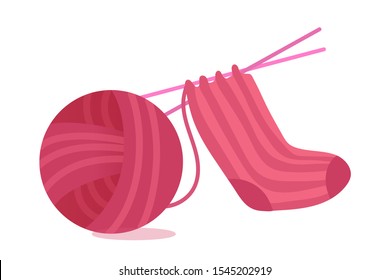 Sock Knitting Process Flat Vector Illustration. Pink Thread Ball And Warm Apparel Isolated Clipart On White Background. Handcraft Hobby. Handmade Clothes For Cold Winter Season Design Element