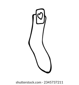 A sock with a label on a white background is insulated. Doodle illustration of a sock