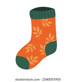 Sock with leaf pattern Autumn season cartoon isolated object illustration