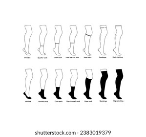 Sock length icons. Outline, leg sock length icons, invisible, quarter, crew sock. Vector icons