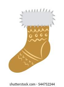 Sock with light fur on top and holiday ornament isolated on white. Vector illustration of thermal yellow christmas stocking with decor in shapes of round and straight lines in cartoon style.