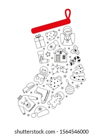 Сhristmas Sock made of small black and white elements with a red edging on white background. Set of doodle Сhristmas elements. New Year vector illustration.