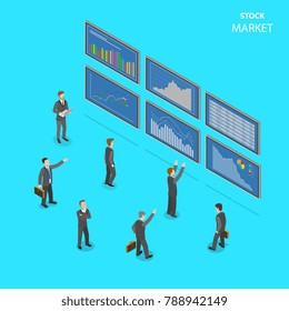 Sock market flat isometric vector concept. People in suits are standing in front of big information boards with some financial data at them.