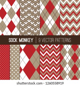 Sock Monkey Inspired Vector Patterns in Taupe Gray, Brown and Red Argyle, Chevron, Polka Dots and Knitted Prints. Repeating Pattern Tile Swatches Included.