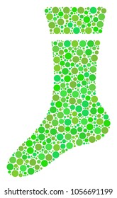 Sock mosaic of circle elements in different sizes and green color tinges. Vector circle elements are composed into sock illustration. Eco design concept.