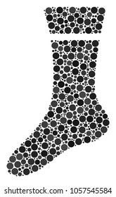 Sock mosaic of round dots in different sizes and color tints. Round dots are united into sock vector collage. Vector design concept.