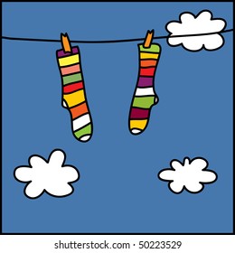 sock on a clothesline line textile row fabric rope tissue sky clean sock material hanging patterned lined painting straight no one image suit unknown illustration wash scrub linen stockings vector sus