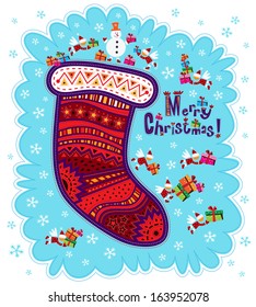 Sock with ornaments with congratulations on Christmas with gifts and flying Santa. White and blue snowflakes on background.