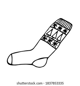 Sock with ornaments. Doodle hand drawn illustration. High quality illustration. Knitted stocking. For holiday decor.