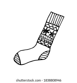 Sock with ornaments. Doodle hand drawn illustration. High quality illustration. Knitted stocking. For holiday decor.