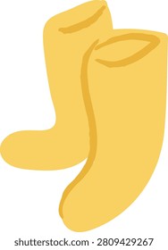 Sock pair with rounded toes and soft cuffs, thick shape in bold outline, hand drawn cartoon style. Warmth, comfort, hygge, and home care concept with apparel and hosiery. Cartoon vector illustration.