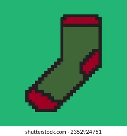 Sock en diseño de arte de píxeles aislado en fondo verde. Diseño de arte de píxeles de Navidad y Año Nuevo. Ilustración del vector
