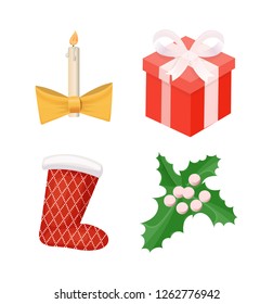 Sock with print of pine trees candle decorated with bow ribbon vector. Isolated icon of box wrapped in paper mistletoe with berries leaves of plants