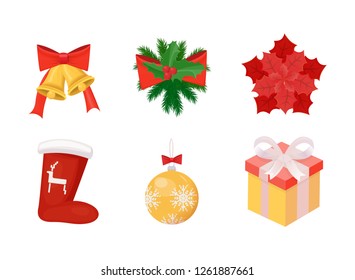 Sock with print if reindeer and bells mistletoe and star ball and present vector. Isolated icons of celebration Christmas holidays box with surprise bauble