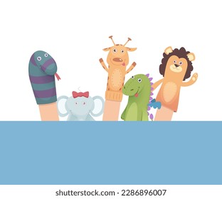 Sock puppets. funny attraction for kids cartoon animals from socks. Vector pictures of puppets