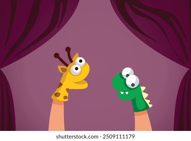 
Sock Puppets em performance ao vivo em Kids Theater Vetor Cartoon. ilustração educacional de conceito de show de marionetes de entretenimento para crianças
