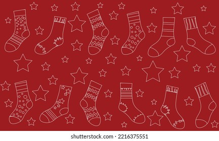 Sock seamless pattern set. Bright woolen with red  drawing warm white stripes and stylish stars pattern with trendy short for winter cold weather. Vector convenience.