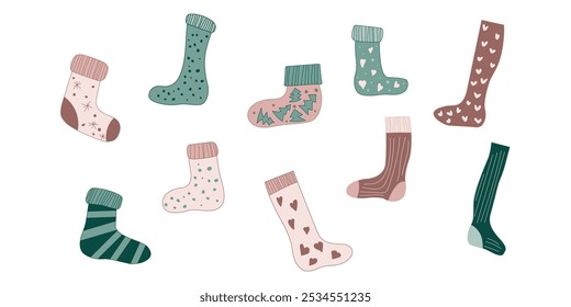 Sock set with Christmas pattern. Winter hosiery template isolated collection design. Holiday drawing with snowflake, heart and xmas tree for cozy autumn day. Long and short different cloth art