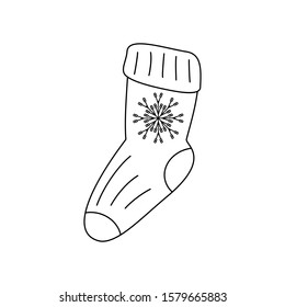 Sock with snowflake isolated on white background. Doodle. Vector illustration in simple style.