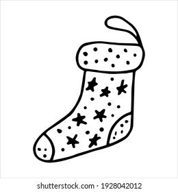 Sock with snowflakes. Christmas sock for gifts. Drawn with a doodle style outline. Vector.