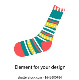 sock is striped. Golf for children. Clothing for legs. Vector isolated element.