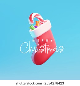Sock with sweets on a blue background. 3D realistic Merry Christmas icon, for web design, greetings, and social media. Vector illustration.
