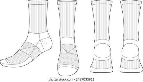 Sock Tech Pack Vorlage Flat Sketch Mode Illustration Mock Up CAD Zeichnung für Unisex Männer und Frauen Fußball Socken Design. Mid calf length socks zeichnung.	