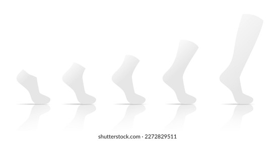 Sock type. A pair of white realistic blank stockings, 3D mockup template set showless, low cut, ankle, mid calf, above calf. Product on mannequin with shadow vector illustration isolated on white back