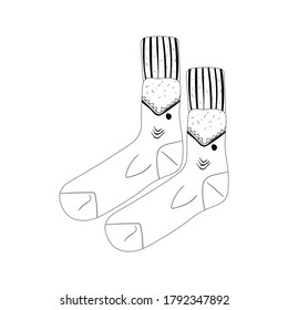 Sock vector black and white sketch of stylish cotton and woolen socks isolated on white background in doodle style drawing. Creative ink art work.