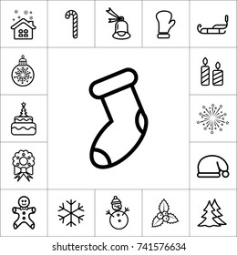sock, Winter, Christmas, New Year holidays icon set. Line version. Xmas decoration. Flat style collection. Vector illustration