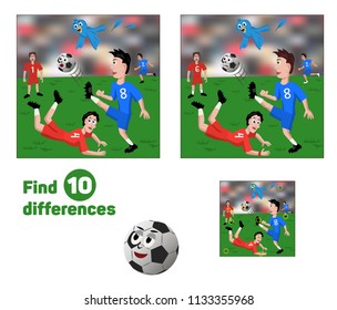 Socker game. Find 10 differences. Educational game for children. Cartoon vector illustration.