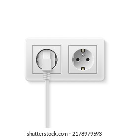 Socket empty and with plug realistic vector illustration. Electrical connection separation cable power line technology indoor in wall isolated. Electricity energy connect plastic outlet voltage device
