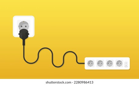 Socket environment concept. Socket and Plugs inserted in Electrical Outlet. Electric extension cord. Cable clutter. Cable management. Flat style. Vector illustration