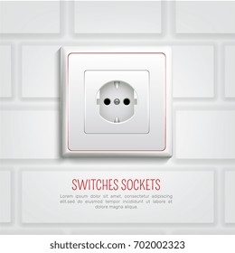 Socket of european standard with red line at plastic panel on white brick wall background vector illustration