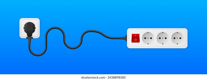 Cable de extensión de zócalo. Toma de corriente eléctrica. Equipo actual con diferentes puertos conectores. Ilustración vectorial.