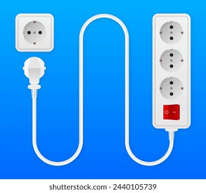 Socket Extension cord. Electric Power outlet plug. Current equipment with different ports connectors. Vector illustration.