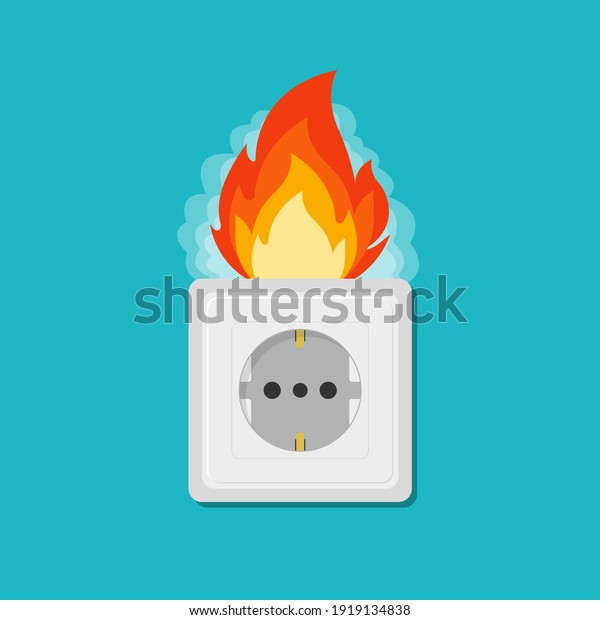 Socket in fire. Electric circuit broken. Flame\
plug. Vector illustration EPS\
10