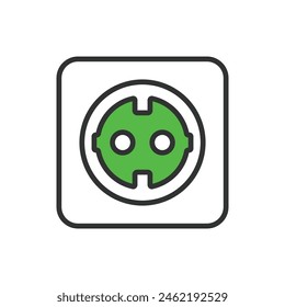 Socket, in line design, green. Socket, Outlet, Plug, Electrical, Power, Wall, Energy on white background vector. Socket editable stroke icon.