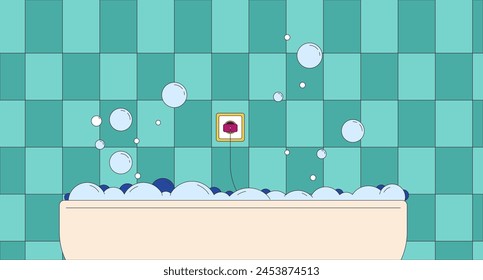 Socket over bathtub full of foamy water cartoon flat illustration. Dangerous equipment in bathroom 2D line interior colorful background. Danger of electrocution at home scene vector storytelling image