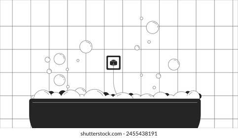 Enchufe sobre la bañera llena de agua espumosa ilustración de línea en blanco y negro. Equipo peligroso en el fondo monocromo interior 2D del baño. Peligro de electrocución en el hogar bosquejo escena Imagen de Vector