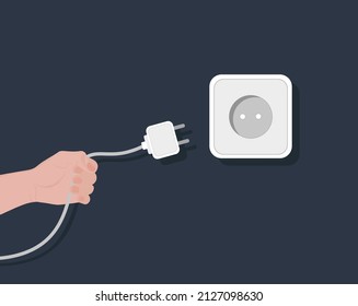 Socket And Plug.
Connect Or Disconnect The Device To Electricity. Power Grid. A Man Holding A Cord In His Hand.
Vector Illustration In Cartoon Style.