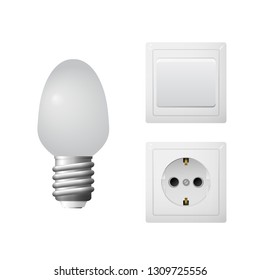 Socket with plug, led light bulb. Set of household electrical equipment. Vector illustration.